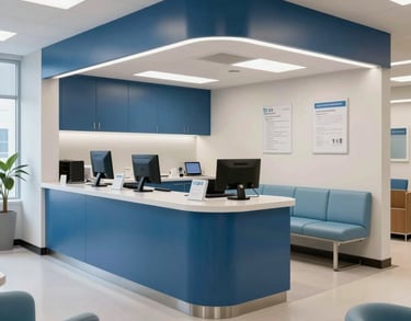 A high-quality photo of a modern health resource center in the US, featuring clean lines and a professional atmosphere with steel blue and light blue furniture.
