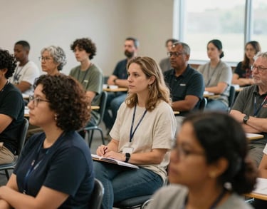 A photograph showing a diverse group of people attending a community workshop in a North American hall, focusing on collaborative learning and social progress. Soft natural lighting.