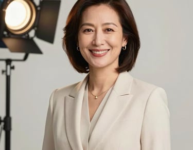 A studio portrait of a woman in a professional role within a US foundation, wearing elegant attire and smiling warmly. The composition is classic and clean with professional off-white studio lighting.