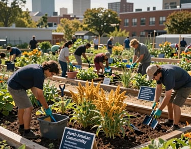 A professional wide-angle shot of a local North American urban community garden project. People are working together under a warm sun, with hints of goldenrod and dark navy in the gardening tools and signage.