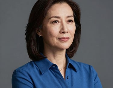 A studio portrait of a female leader in her 40s, dressed in a professional blue blouse, looking focused and compassionate. Elegant North American corporate photography style.