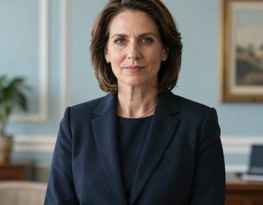 A professional portrait of an adult female leader in a North American foundation setting, wearing a dark navy blazer, standing against a soft-focus background of an elegant office with light blue accents.
