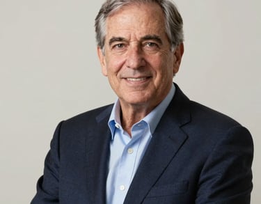 A professional portrait of a senior male executive in the North American philanthropic space, wearing a dark navy suit, appearing trustworthy and experienced against an off-white background.