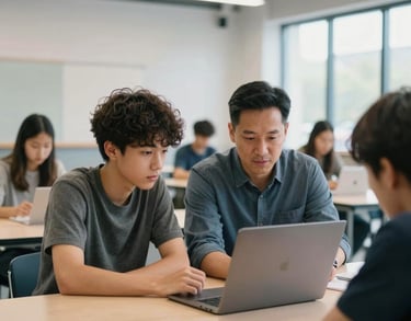 A documentary-style photograph of a North American mentorship session in a brightly lit, modern community space. A mentor and a young adult look at a laptop together, surrounded by steel blue and off-white decor.