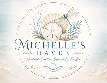 Michelle's Haven logo banner featuring coastal shells and a dragonfly on a serene beach background.