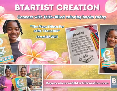 Young girl holding a God Care Day coloring book by BTArtist Creation featuring faith-filled Bible verses.