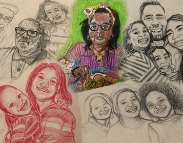 A colorful collage of hand-drawn sketches and pencil portraits of smiling diverse families and friends.