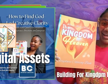 A smiling woman holding a Kingdom of Heaven scripture coloring book and digital assets for Christian creatives.