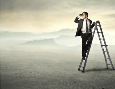 Business professional on ladder symbolizing financial forecasting and strategic planning