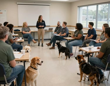 A bright North American community center room where a small group is attending an educational session about service animal rights and roles.