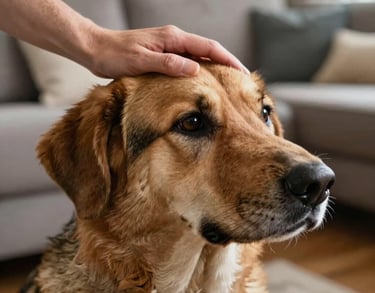 A detailed shot of a person's hand gently petting the head of a calm, focused service dog in a North American residential living room.