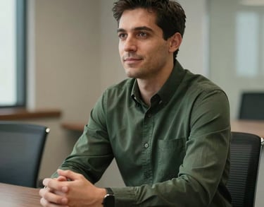 A professional portrait of a man in a business casual dark green shirt, sitting in a North American boardroom with a compassionate and focused demeanor.