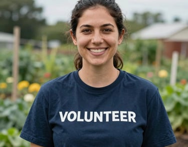 A professional portrait of a female volunteer in a North American community garden, showing a supportive and hopeful expression.