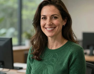 A professional portrait of a woman in a forest green sweater, smiling warmly in a North American office setting with a soft-focus background of greenery.