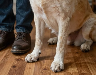 Close-up of a service dog's paws resting on a wooden floor next to their handler's shoes in a North American home, symbolizing steady partnership and support.