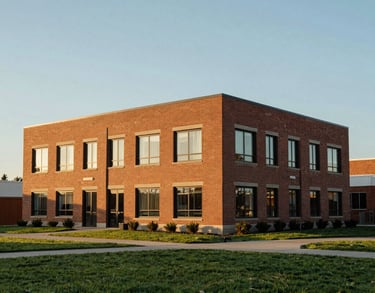 A wide-angle photography shot of the exterior of a modern brick building in Valparaiso, Indiana, surrounded by green lawns under a soft morning sun.
