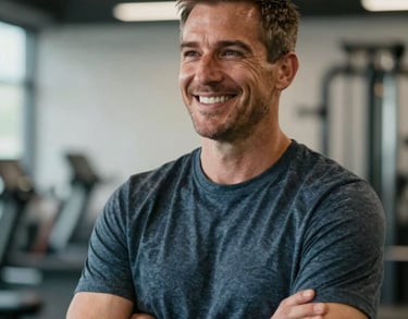 A professional portrait of a male trainer in a North American setting, smiling confidently, with a focus on trust and approachability.