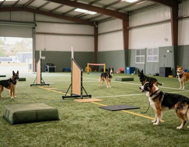 A professional, indoor North American training facility with natural light, featuring a organized canine gym with agility equipment in soft moss green and beige tones.