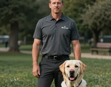 A professional portrait of a lead trainer in a North American outdoor park, wearing a professional charcoal polo shirt, standing with a calm Labrador Retriever.