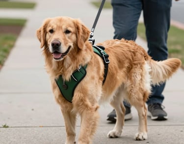 A high-resolution photography shot of a Golden Retriever service dog wearing a professional green harness, walking calmly beside a handler on a North American sidewalk.