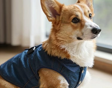 A Pembroke Welsh Corgi wearing a stylish blue denim dog jacket while sitting indoors.
