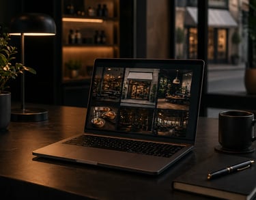 A laptop on a dark desk displaying restaurant photos next to a black mug and desk lamp.