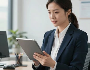 A professional waist-up photograph of a claims specialist in a clean, brightly lit North American office, holding a digital tablet and looking helpful.
