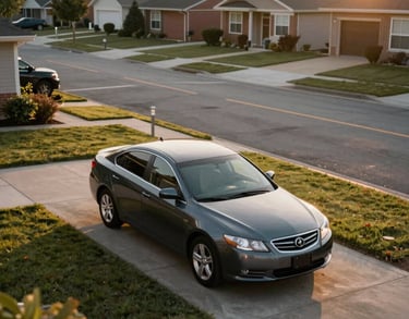 A high-angle photograph of a safe suburban North American residential street at golden hour, highlighting a well-maintained family car parked in a driveway, evoking a sense of security.