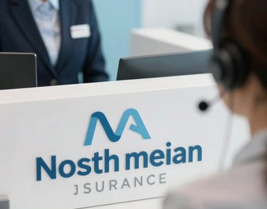 A close-up photograph of a clean, modern North American insurance customer service counter with a soft focus on a professional interaction in the background, featuring light blue and white color accents.