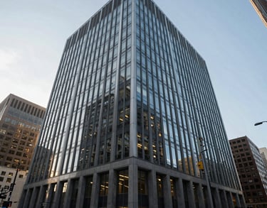 A wide-angle photograph of a sleek, modern corporate office building in a major North American city, reflecting light and professional stability.
