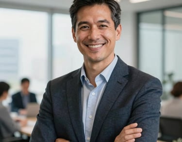 A professional portrait of a insurance technology specialist in a bright North American office, smiling confidently at the camera.