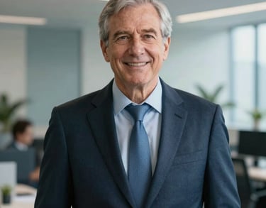 A professional portrait of a senior claims manager in a modern US workplace, with a background featuring soft blue and white architectural details.