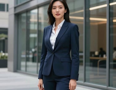 A professional portrait of a woman in a navy blue suit standing in a modern glass-walled office in a US city, representing corporate integrity.