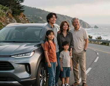 A candid photograph of a happy North American family standing safely beside their modern SUV on a scenic coastal road, emphasizing peace of mind.