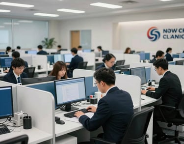 An interior shot of a contemporary, high-tech North American claims center with employees working at clean, white desks with blue accents.