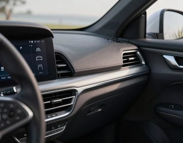 A photograph showing a detailed view of a modern car dashboard with a focus on safety features, captured in a bright, clean North American setting.