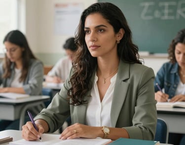 A Brazilian woman in her 30s, an educator, sitting at a desk with books in a brightly lit classroom environment.