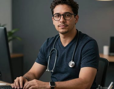 A professional Brazilian man with glasses, a psychologist, in a clean, modern workspace with dark gray tones.