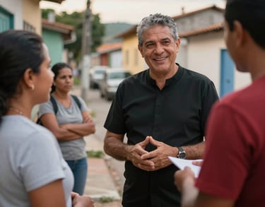 Pastor Renan Moreira talking warmly with community workers during the early morning 'Café com o Trabalhador' in a Brazilian neighborhood.