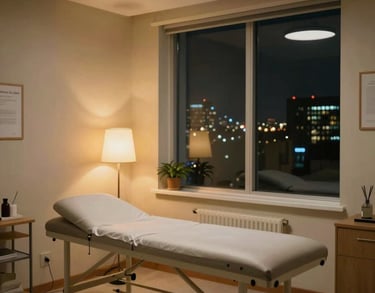 The tranquil atmosphere of the psychoanalysis clinic at night, with warm lights and a view of the city lights through a window.