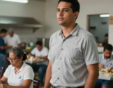 A Brazilian man in casual professional attire, standing in a community kitchen area during a 'Café com o Trabalhador' event.
