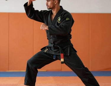 A Brazilian male martial arts instructor in a black gi, showing a disciplined and inspiring posture in a gym setting with orange accents.