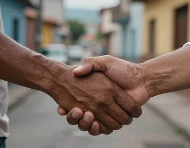 Close-up of hands shaking in a gesture of partnership and trust, in a South American urban setting with vibrant morning light.