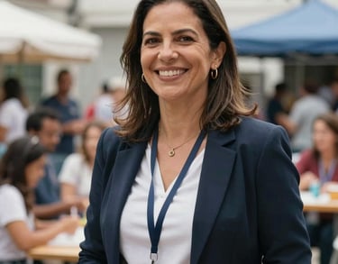 A candid shot of a professional Brazilian woman in her 40s, a coordinator of social projects, smiling warmly in a bright urban community setting.