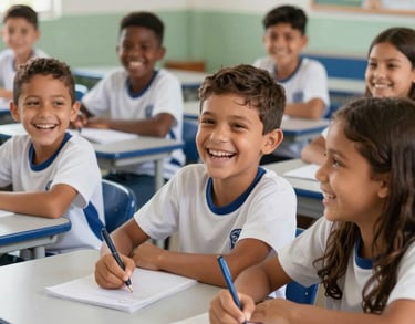 A group of Brazilian children laughing and studying together in a brightly lit community classroom for school reinforcement.