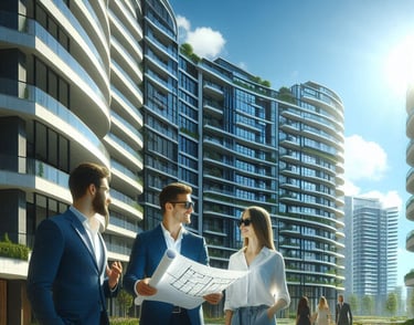 Desarrollador, mostrando planos del condominio a administradores