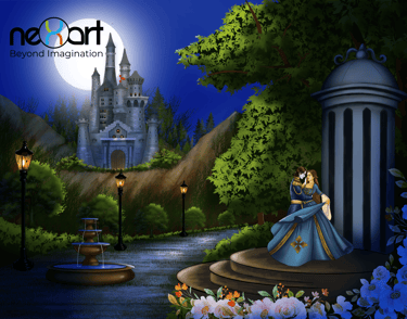 a woman in a blue dress is standing in front of a castle