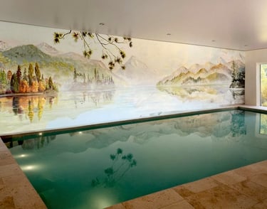 Hand-painted New Zealand lake mural evoking serenity in a luxury spa setting.