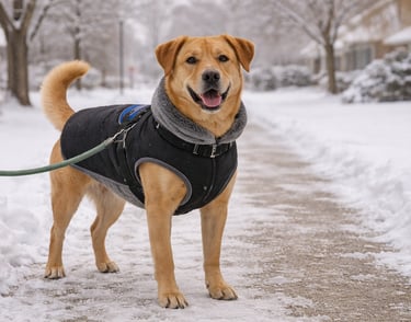 Dog wearing a winter coat before a cold weather walk.