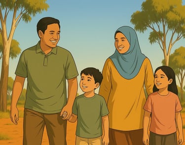 Malay family walking on a sunny Robinvale track, relaxed smiles, gum trees and red soil in bright morning light.